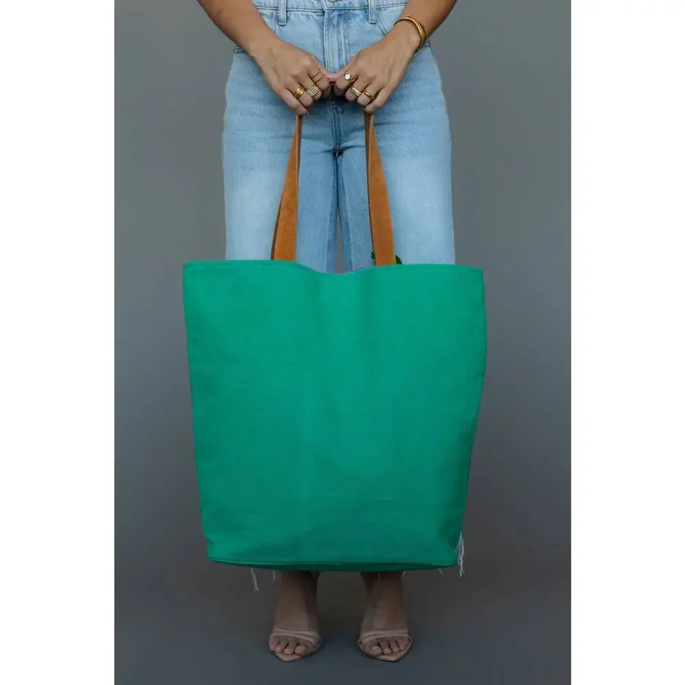Green, Pink & Orange Western Woven Cotton Tote Bag | Boho Pom Tassel Tote